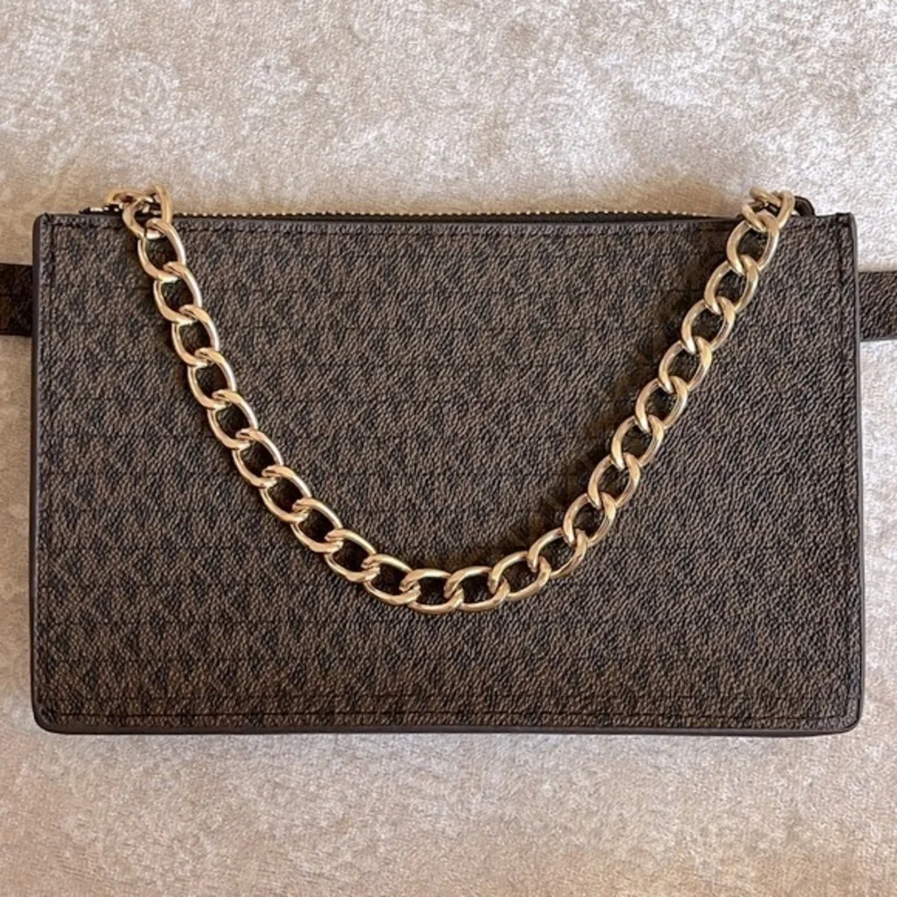 Brand New Michael Kors Brown Zippered Logo Belt Bag Gold Tone Chain Fanny Pack